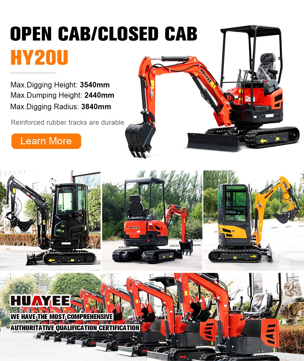 Huyee Factory Crawler Euro 5 EPA 4 Engine 1.8ton Small Digger 1ton 2ton 3.5 Ton Hydraulic Construction Diggers 1800kg Mini Excavator for Sale Prices with Thumb